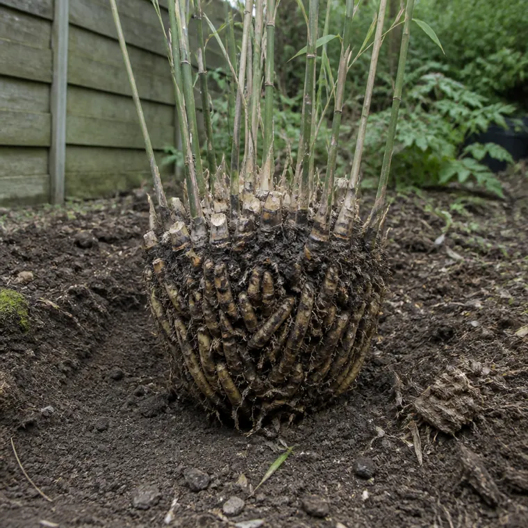 Lifted root ball of a clumping bamboo showing a tight compact mass of short upward-curving rhizomes with no horizontal runners