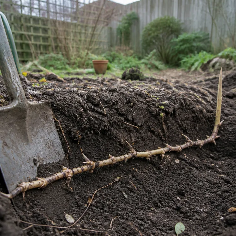 Excavated trench exposing a long horizontal running bamboo rhizome with segment joints and a shoot turning upward at a distance