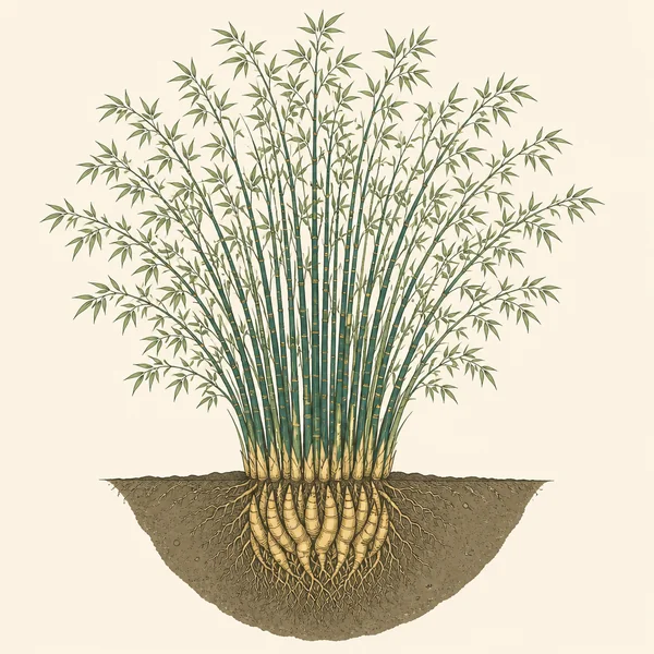 Illustration of Fargesia clumping bamboo: a dense fountain of arching canes above a tight contained root mass