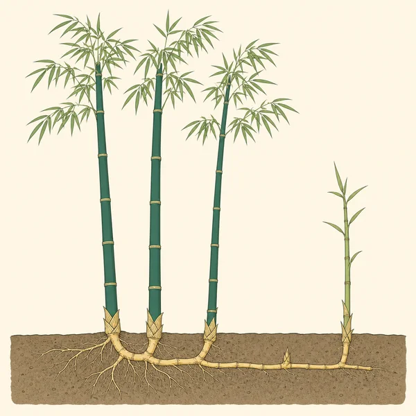 Illustration of Phyllostachys running bamboo: tall spaced canes above a long horizontal underground rhizome