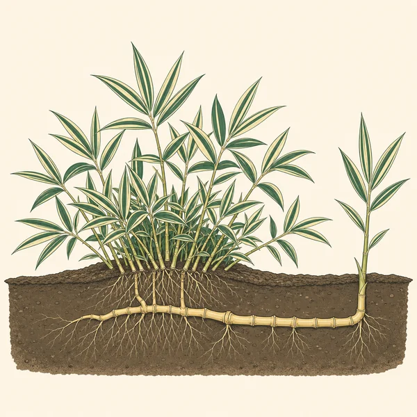 Illustration of Pleioblastus dwarf running bamboo: low cream-and-green striped leaves above a horizontal rhizome