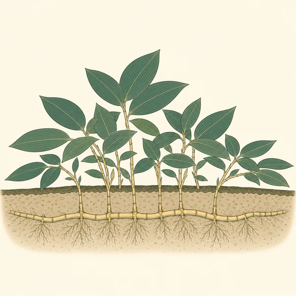 Illustration of Sasa running bamboo: low canes with broad leaves above a shallow travelling rhizome